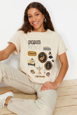 Tas %100 Kal?n Pamuklu Bask?l? Oversize Kal?p Bisiklet Yaka Orme T-Shirt TWOSS23TS00282