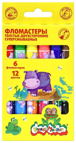 Фломастеры Каляка-Маляка 6шт., 12цв., двухсторонние, в карт. уп. (ФТДКМ12, 166830) корпус с принтом, смываемые