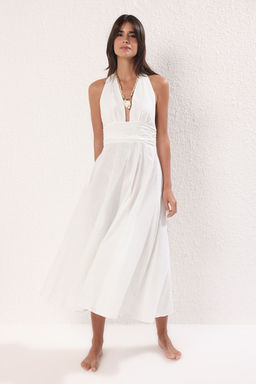 Trendyolmilla Beyaz Dokuma Midi Boyundan Baglamal? 100% Pamuk Plaj Elbisesi TBESS25EL00129  фото 8