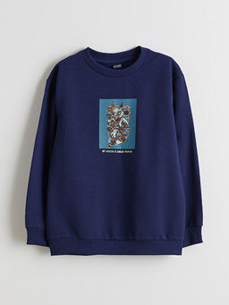 Bisiklet Yaka Bask?l? Erkek ?ocuk Sweatshirt