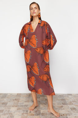 TRENDYOLMILLA Bal?k Desenli Genis Kal?p Dokuma %100 Pamuk Midi Plaj Elbisesi TBESS22EL0009 фото 2