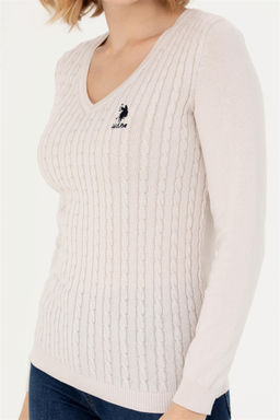 Женский кремовый базовый свитер с v-образным вырезом Неожиданная скидка в корзине - U.s. polo assn фото 6