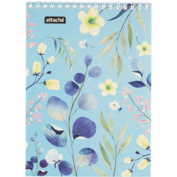 Блокнот А5 60л Attache Цветы голубой клет,65г,100%,греб,карт,ВД-лак