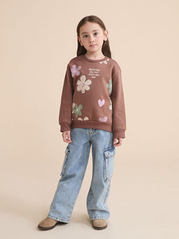 Bisiklet Yaka ?i?ekli K?z ?ocuk Sweatshirt