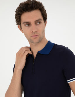 Lacivert Slim Fit Fermuarl_ Polo Yaka Triko T-shirt