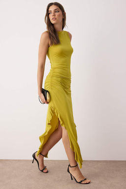 TRENDYOLMILLA Siyah Bodycone S?f?r Kol Y?rtmacl? F?rf?r Detayl? Esnek Kal?n Sandy Maxi Kalem Elbise TWOSS24EL00688  фото 23