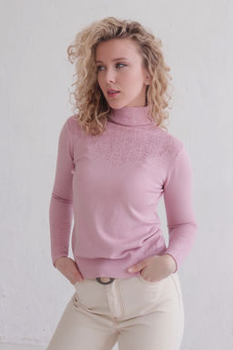 12208 Свитер с ажурной кокеткой пудровый - Martichelli фото 10