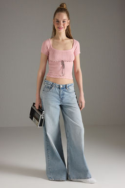 Trendyolmilla Ekru Premium Iplik/Ozel Iplik Kurdele Detayl? Kare Yaka Triko Bluz TWOSS25BZ00182  фото 7