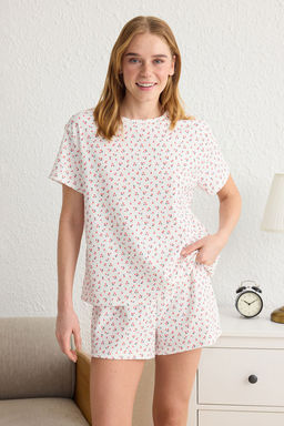 Trendyolmilla Beyaz Kiraz Desenli Dokulu Burumcuk Sortlu Orme Pijama Tak?m? THMSS25PT00075 фото 2