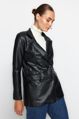 Trendyolmilla Fusya Suni Deri Kruvaze Kapama Astarl? Dokuma Blazer Ceket TWOAW21CE0156