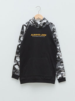 Kap??onlu Bask?l? Uzun Kollu Erkek ?ocuk Sweatshirt