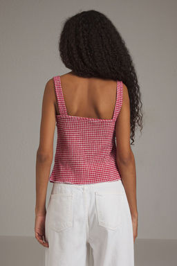 K?rm?z? Poti Kare Desenli Baglama Detayl? Esnek Orme Bluz TWOSS25BZ00234