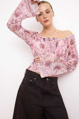 Cok Renkli Sal Desen Fitted/Vucuda Oturan Havuz Yaka Gipeli Crop Tul Orme Bluz TWOSS26BZ00146