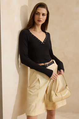 Siyah Fitted/Vucuda Oturan V Yaka C?tc?tl? Crop Premium Yumusak Orme Bluz TWOSS26BZ00056