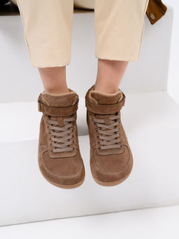 Кеды босоногие женские демисезонные 211.NATAbr.Серо-коричневая замша/Байка