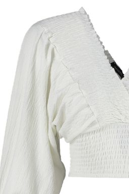 Trendyolmilla Ekru Gipeli Balon Kol V Yaka Burumcuk/Dokulu Crop Orme Bluz TWOSS23BZ00840