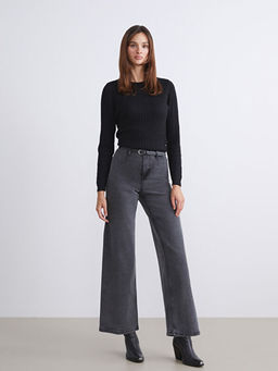 Beli Kemerli Wideleg Kad?n Jean Pantolon