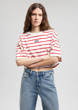 Mavi Logo Bask?l? K?rm?z? Cizgili Crop Tisort