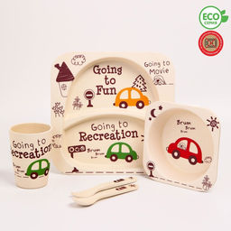 Набор бамбуковой посуды Машинки, тарелка, миска, стакан, приборы, 5 предметов