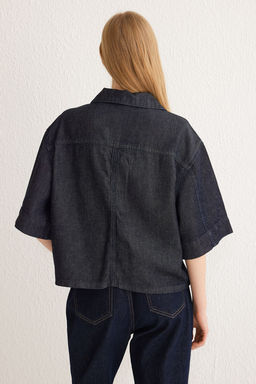 TRENDYOLMILLA Koyu Mavi %100 Tencel V Yaka Denim Gomlek TWOSS25GO00001  фото 5