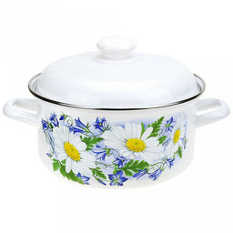 "Ромашковое поле" Набор эмалированных кастрюль 2 предмета: 2л, 3л, s0,8мм, форма цилиндрическая, двойной слой эмалевого покрытия, металлическая крышка с пластмассовой ручкой-кнопкой, металлические ручки, нержавеющий ободок (Россия)