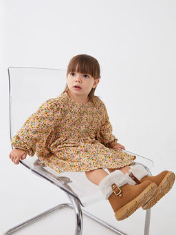 Bisiklet Yaka Uzun Kollu Bask?l? K?z Bebek Elbise Anne K?z Kombini