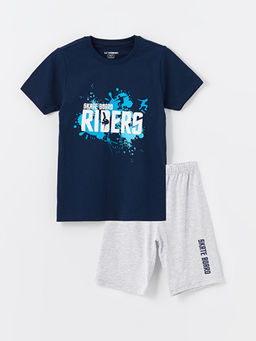 Bisiklet Yaka Bask?l? K?sa Kollu Erkek ?ocuk ?ortlu Pijama Tak?m?