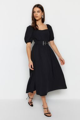 TRENDYOLMILLA Siyah Kemerli Belden Ac?lan Kare Yaka Midi Dokuma Elbise TWOSS23EL01123  фото 2