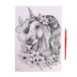 Гравюра «Единорог в цветах» A4, с металлическим эффектом «серебро»