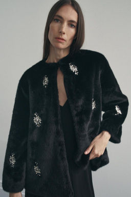 FAUX FUR COAT WITH JEWEL BEADING