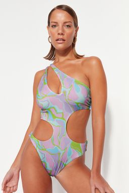Soyut Desenli Tek Omuz Cut Out/Pencereli Normal Paca Mayokini TBESS23MA00002