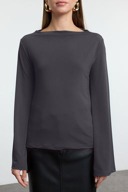 Trendyolmilla Siyah Relaxed/Rahat Kal?p Ispanyol Kol Esnek Orme Bluz TWOAW25BZ00203  фото 3