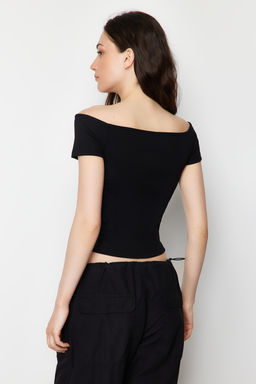 Trendyolmilla 2li Paket Siyah Beyaz Cizgili-Siyah Duz Carmen Yaka Crop Esnek Orme Bluz TWOSS24BZ00310  фото 5