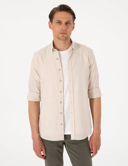 Bej Keten G_r_n_ml_ Slim Fit Uzun Kollu G_mlek