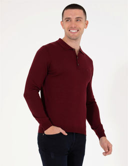 K_rm_z_ Slim Fit Polo Yaka Y_n Kar___ml_ Basic Triko Kazak