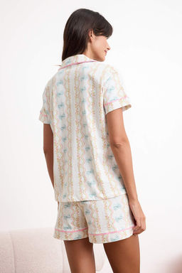 Cok Renkli %100 Pamuklu Cicek ve Kurdele Desenli Biyeli Orme Pijama Tak?m? THMSS26PT00118