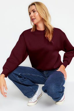 Bordo Kal?n Ici Polarl? Regular/Normal Kal?p Bisiklet Yaka Basic Orme Sweatshirt TWOAW24SW00101