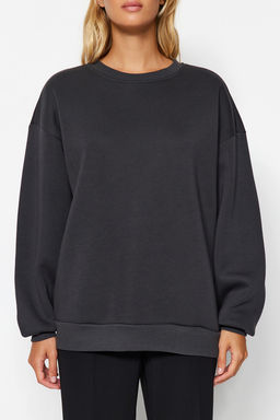 Antrasit Oversize/Rahat Kesim Basic Bisiklet Yaka Kal?n/Ici polarl? Orme Sweatshirt TWOAW24SW00102