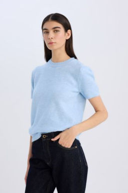 Regular Fit Bisiklet Yaka Basic Duz Triko K?sa Kollu Tisort Kazak