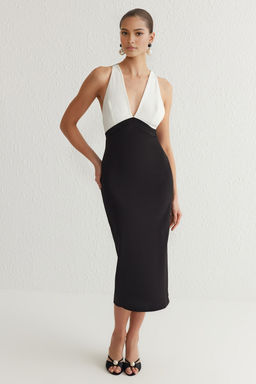 Siyah-Beyaz Vucuda Oturan V Yaka Dokuma Dugun/Nikah S?k Abiye Gece Mezuniyet Elbisesi TPRSS25EL00094 - Trendyolmilla фото 2