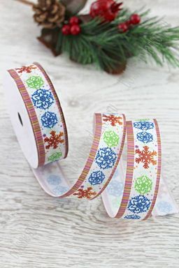 Лента репсовая 2,5 см с рисунком "Снежинки разноцветные с полосками" SF-1738