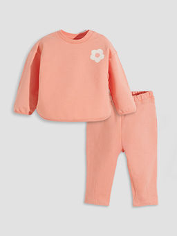 Bisiklet Yaka ?i?ekli K?z Bebek Sweatshirt ve E?ofman Alt 2li