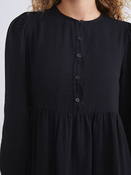 Bisiklet Yaka Dokulu M?slin Pileli Elbise