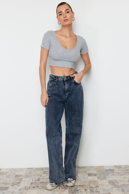 Siyah Havuz Yaka Baby Overlok Detayl? Crop Fitilli Esnek Orme Bluz TWOSS24BZ00197 - Trendyolmilla фото 10