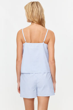 Trendyolmilla Mavi Cizgili Ip Ask?l? Poplin Sortlu Dokuma Pijama Tak?m? THMSS24PT00049  фото 6