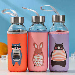 Бутылка для воды «Весёлые зверята», 300 мл, h=17 см, в чехле, стекло, МИКС