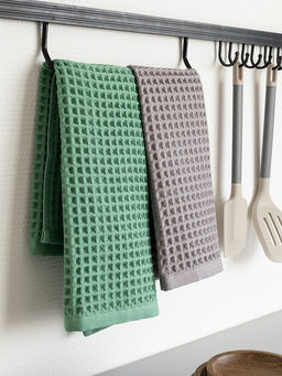 Набор кухонных полотенец 40x60, 2 шт зеленый, серый вафельное полотно - Denastia фото 2