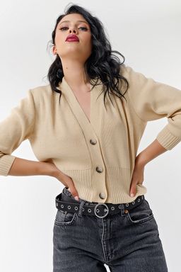 Джемпер с имитацией застежки вязаный из хлопка светло-бежевый