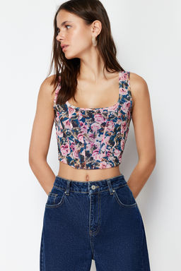 Trendyolmilla Cok Renkli Kare Yaka Slim Bask?l? Tul Orme Bluz TWOSS23BZ00454  фото 3