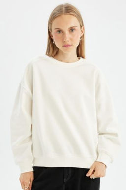 Coool Oversize Genis Kal?p Bisiklet Yaka Kal?n Basic Duz Sweatshirt